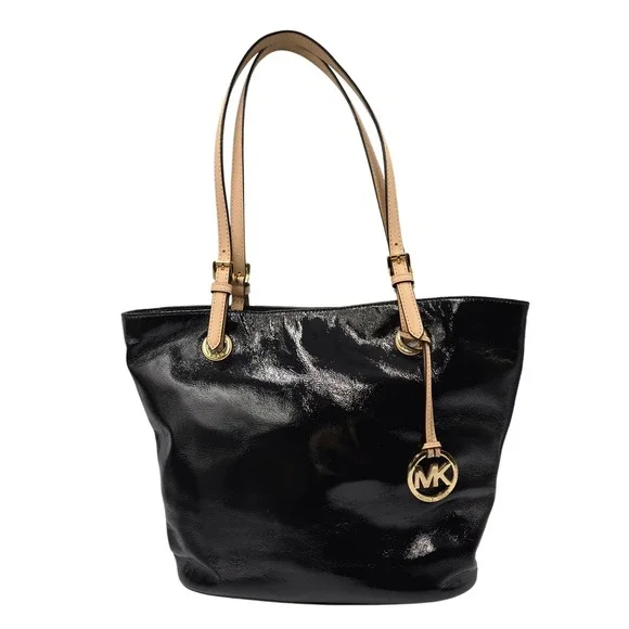 Michael Kors Black Patent Leather Shoulder Tote Bag MK Charm Gold Hardware - Picture 12 of 12